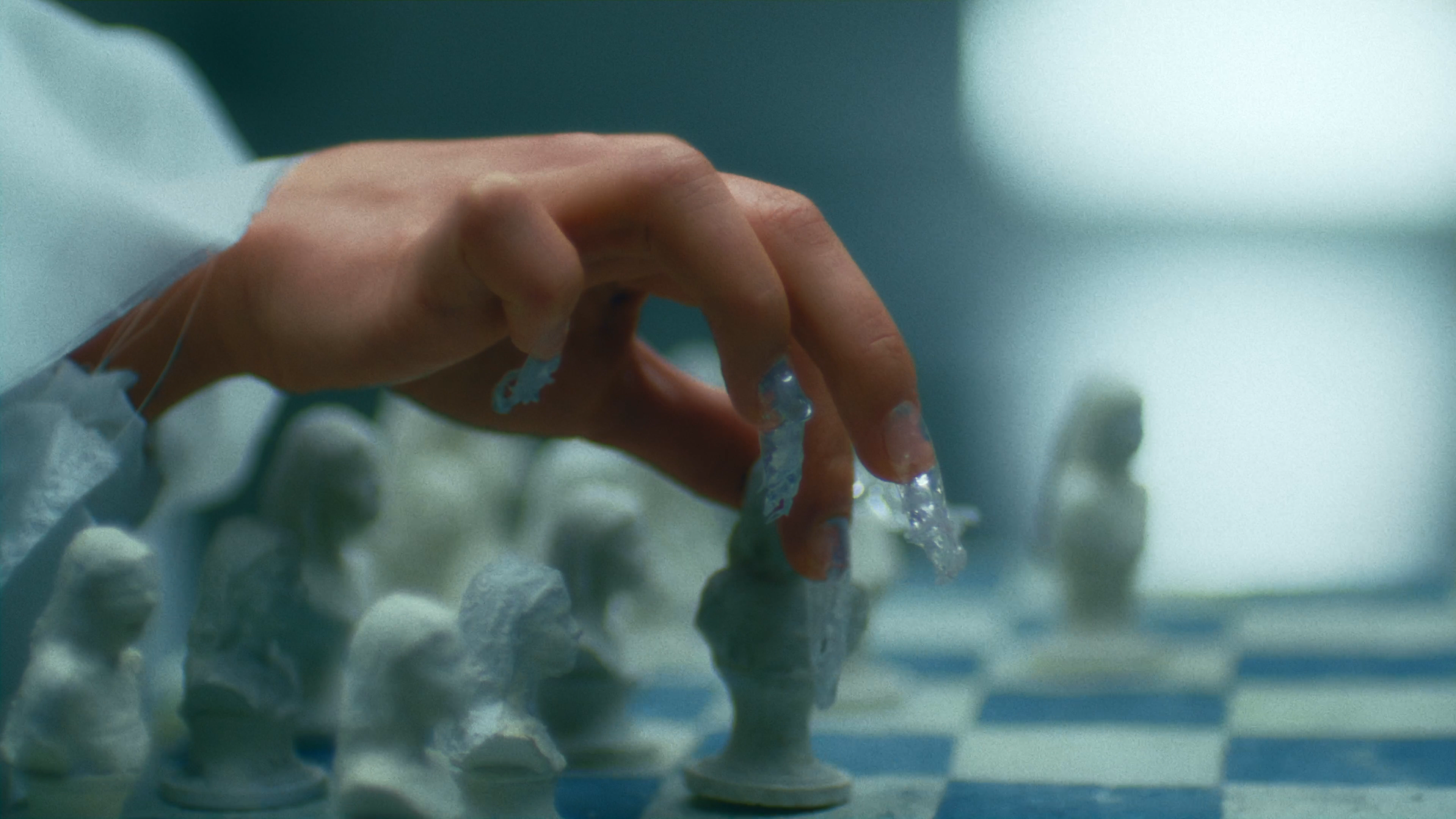 Close up shot of chess set being used